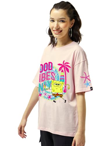 Bewakoof Official Spongebob Sponge Bob WomenS Graphic Print Oversized Fit Half Sleeve Round Neck Pure Cotton T-Shirt_662755_Pink