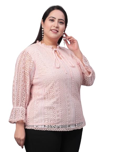 Style Quotient Womens Self Design Tie-Up Neck Puff Sleeves Lace Cotton Plus Size Top
