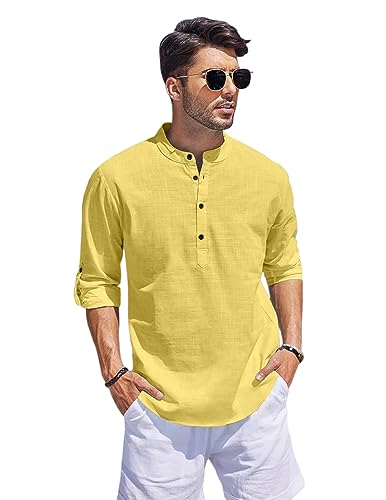 Hemadhav MenS Regular Fit Cotton Blend Casual Kurta Yellow