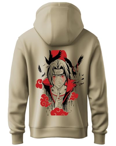 ADRO Mens Hoodies with Itachi Uchiha Anime Backside Printed, 100% Cotton 340GSM. (H23-M-ITA-BE_Beige_XL)