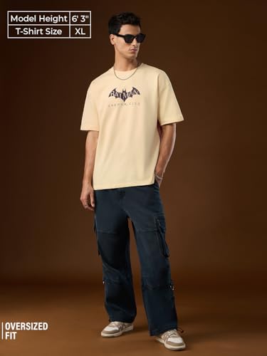 The Souled Store Batman: City of Arkham Men and Boys Short Sleeves Round Neck Beige Graphic Printed Cotton Oversized T-Shirts