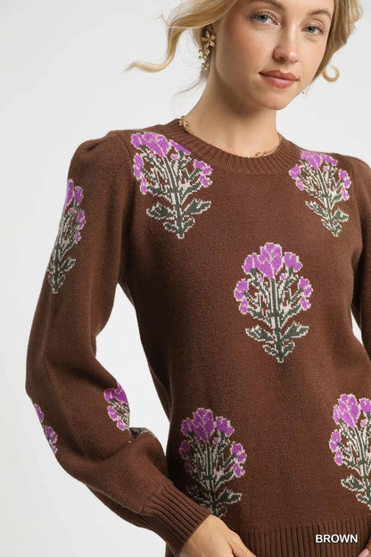 Umgee Single Flower Stem Jacquard Sweater