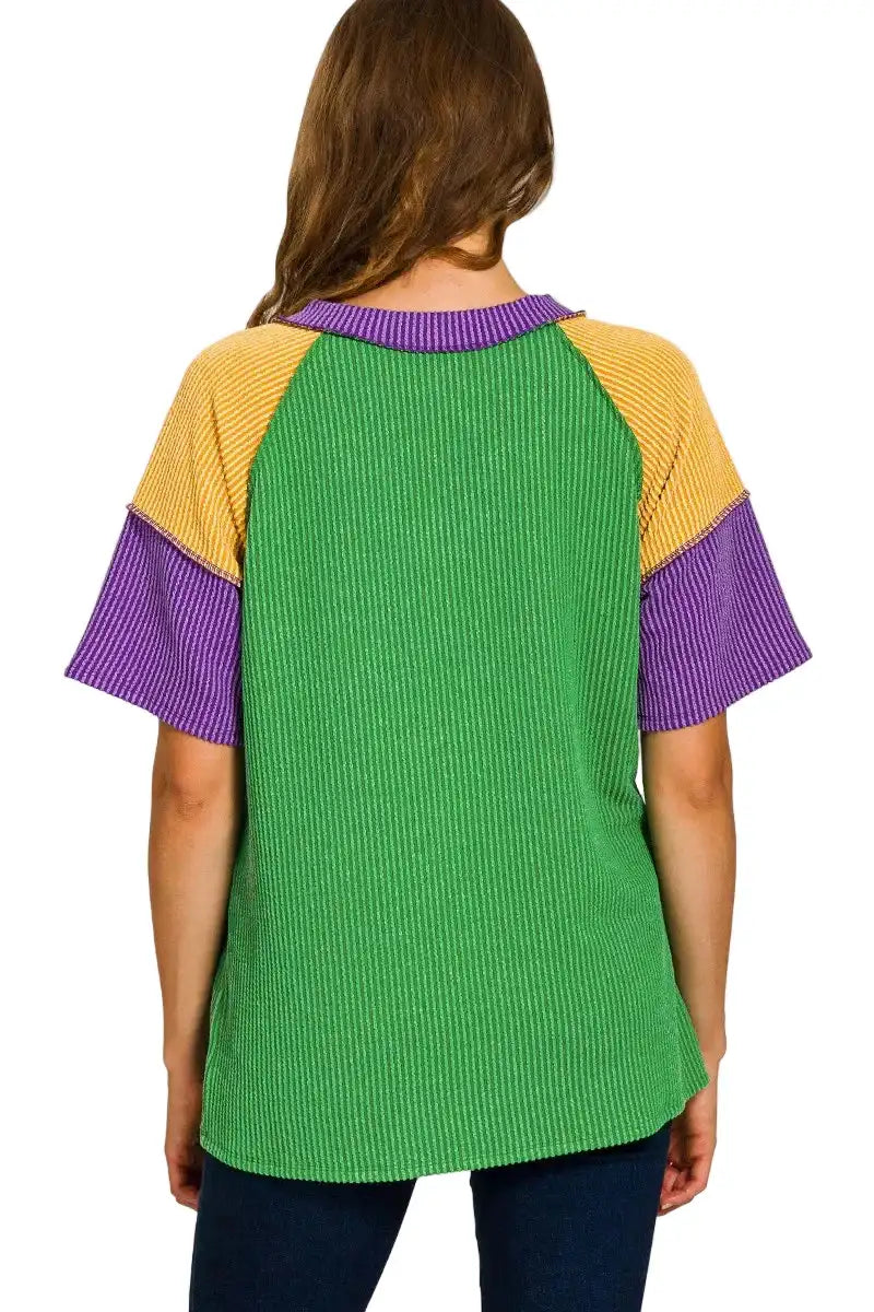 Zenana Mardi Gras Raised Rib Color Block Top