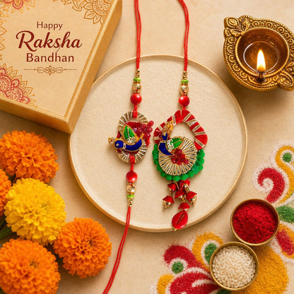 Premium Designer Red Cloth Peacock Design Rakhi Set of 2 for Bhaiya Bhabhi – Traditional Lumba Set, Thread Rakhi with Stones – Ideal Raksha Bandhan Gift