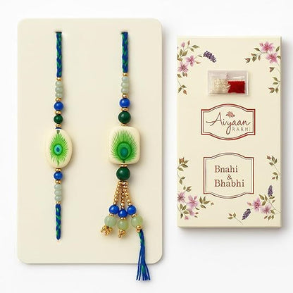 Premium Designer White Peacock Resin Rakhi Set of 2 with Roli Chawal for Bhaiya Bhabhi – Traditional Lumba Set, Thread Rakhi with Stones – Ideal Raksha Bandhan Gift