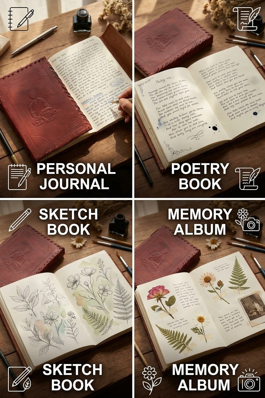 Premium Leather Diary | Handmade Leather Journal & Personal Organizer, Travel Notebook with Buddha Embossed Cover, Vintage Writing Diary for Men & Women, Refillable Rustic Notebook