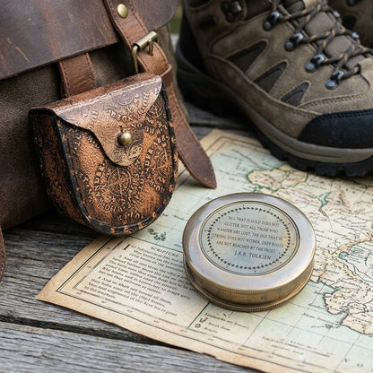 STORE INDYA Brass Compass with Magnetic Needle - Vintage Nautical Directional Compass with Scripture Engraving & Leather Case - High-Quality Gift for Men, Son, Father