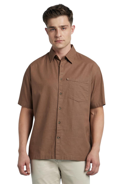 Dennis Lingo Men Cotton Relaxed Fit Textured Shirts Brown