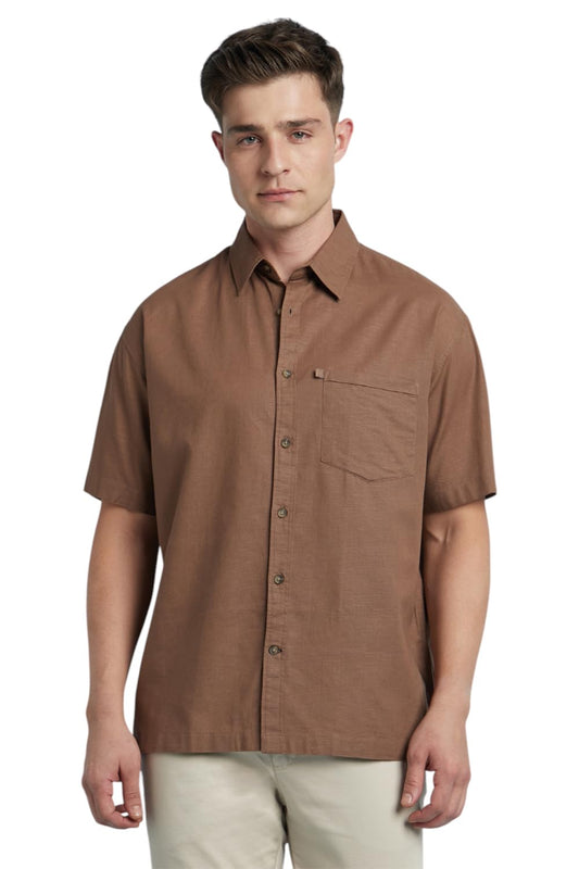 Dennis Lingo Men Cotton Relaxed Fit Textured Shirts Brown