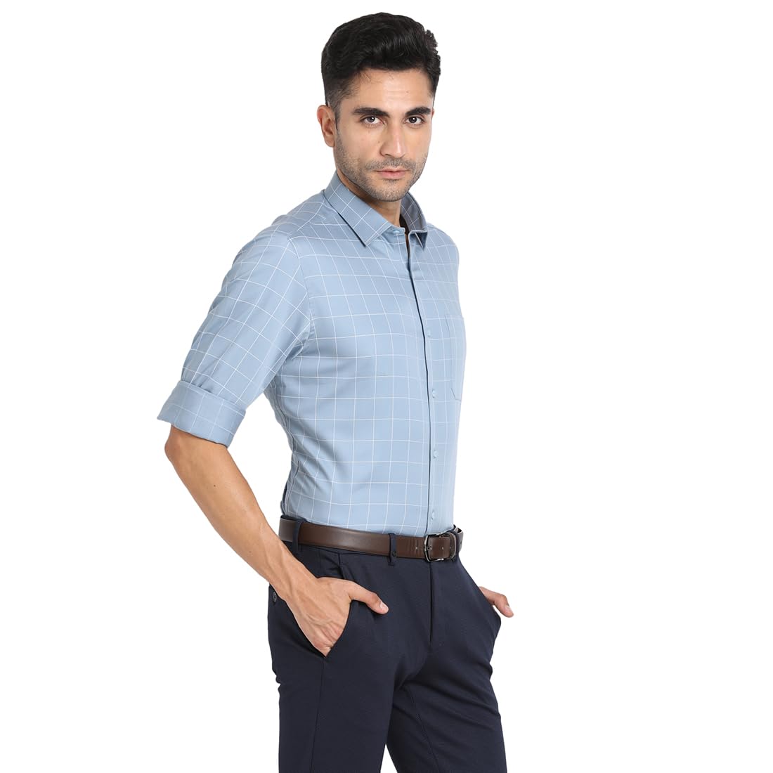 Turtle Men 100% Cotton Slim Fit Light Blue Checkered Formal Shirt