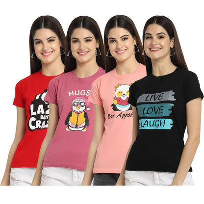 Preneum Womens Cotton Regular Fit Latest Graphic Stylish Printed Short Sleeves Casual T-Shirt || Trending & Style (Pack 4), Red