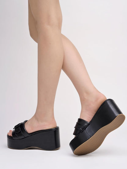 Shoetopia WomenS Black Platform Slip-On Sandals  Chunky Wedge Slides With Buckle Strap Stylish Comfortable, Durable Perfect For