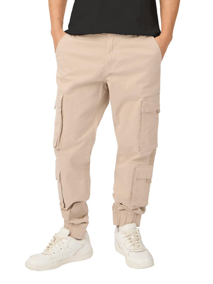 The Souled Store Solids: Champagne Beige Men and Boys Drawstring Oversized Fit Cotton Cargo Joggers