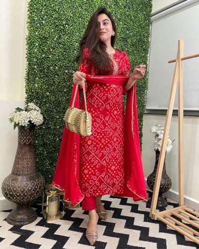 GoSriKi Ladies Straight Printed Kurta with Trousers & Dupatta, Rayon Blend, Size 50, Red, Model TURAE-RED-GS