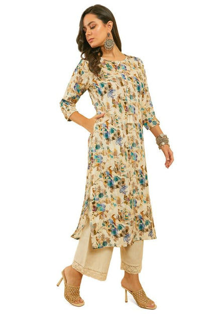 Soch Womens Blue Floral Print Rayon Kurta With Kantha Weave