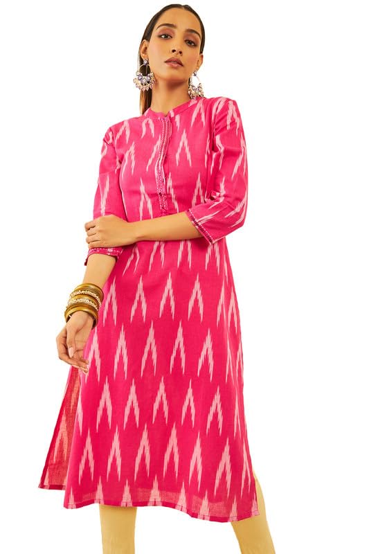 Soch Womens Pink Cotton Ikat Printed Straight Kurta With Sequins