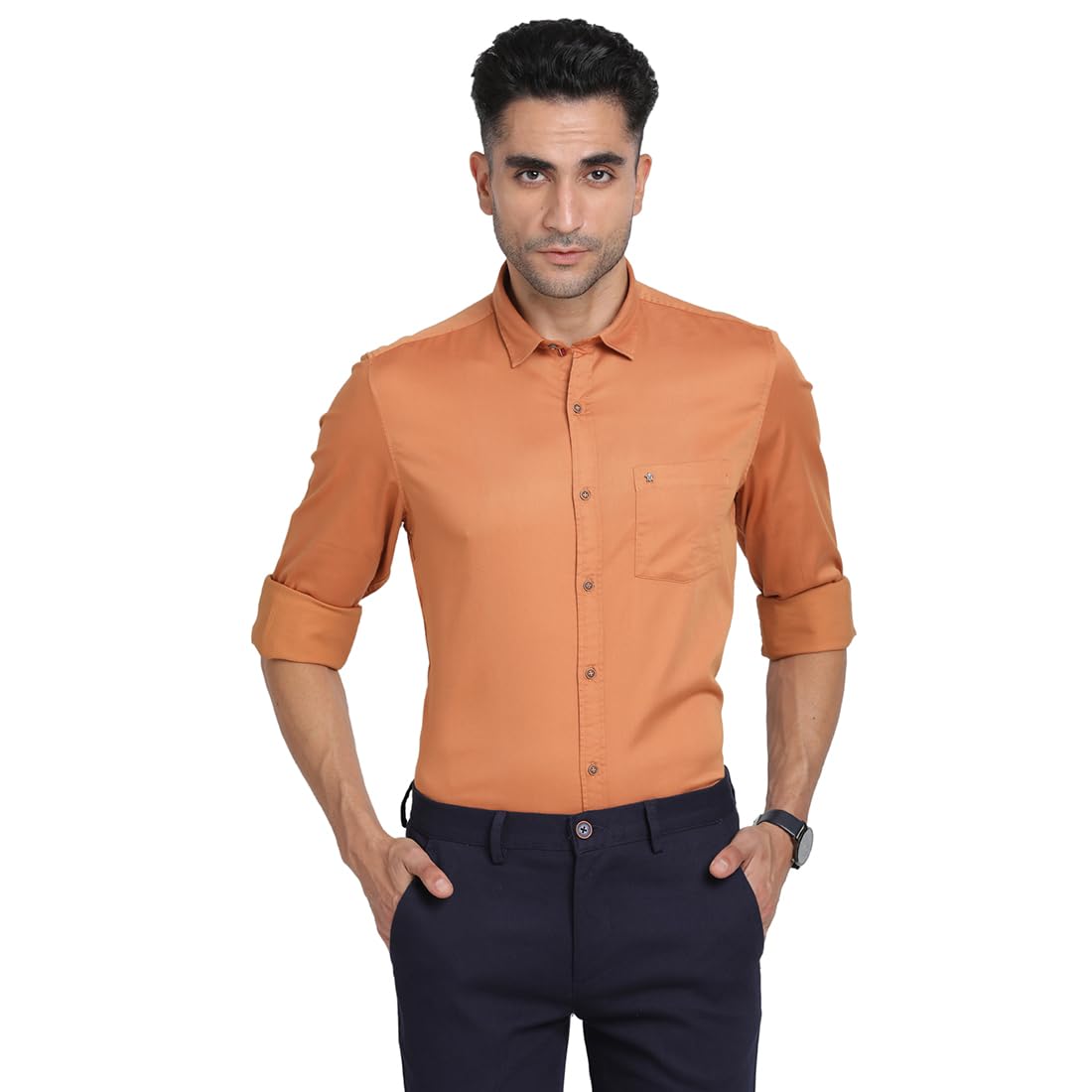 Turtle Men Poly Cotton Stretch Orange Solid Slim Fit Full Sleeve Casual Shirt