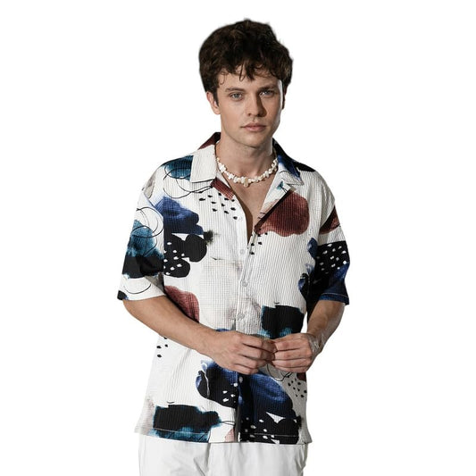 Campus Sutra Mens Daisy White Abstract Blob Oversized Shirt for Casual Wear | Cuban Collar | Short Sleeve | Button Closure | Ov