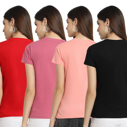 Preneum Womens Cotton Regular Fit Latest Graphic Stylish Printed Short Sleeves Casual T-Shirt || Trending & Style (Pack 4), Red