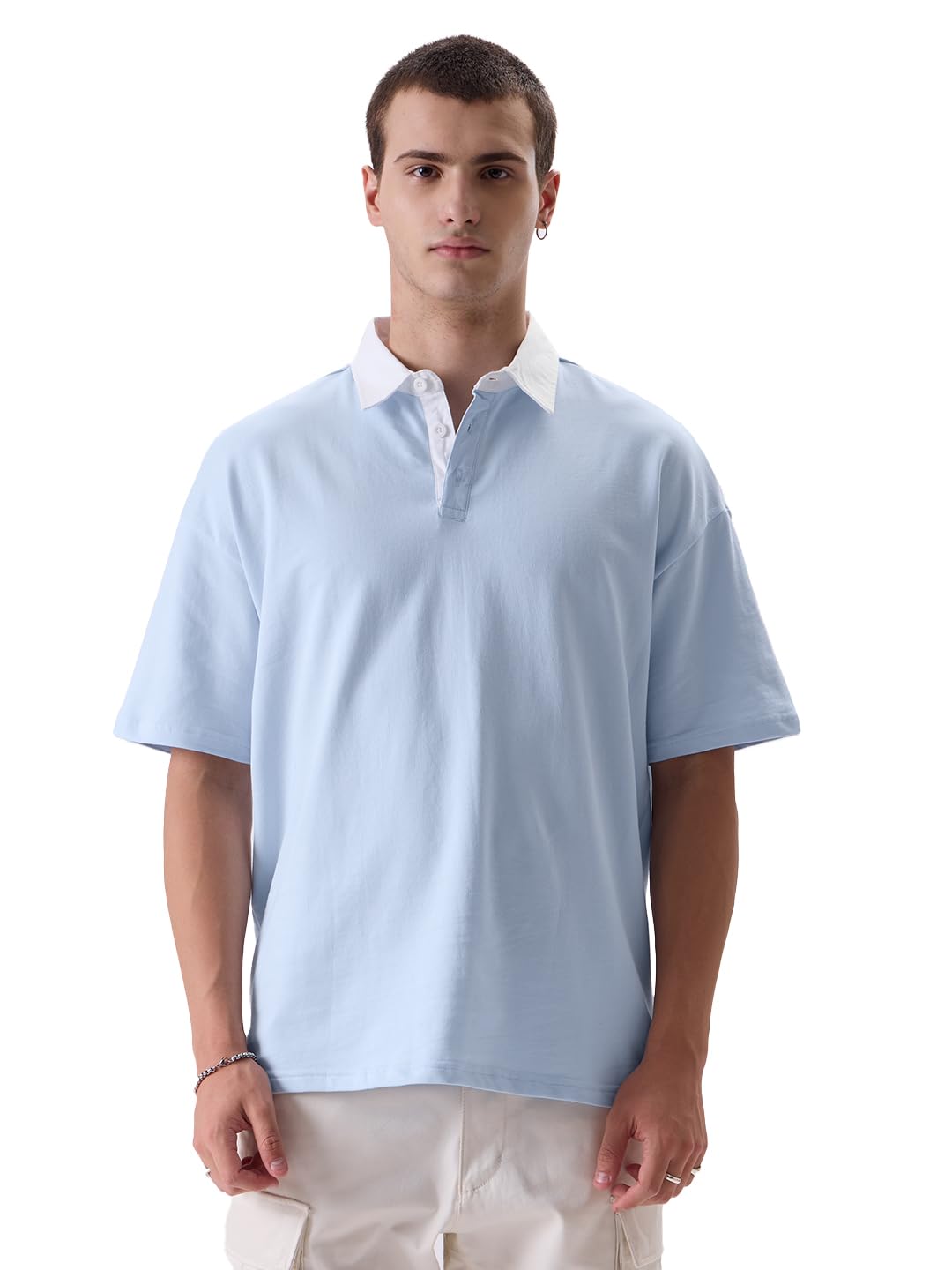 The Souled Store Solids: Powder Blue Mens and Boys Oversized fit Solid Half Sleeve Cotton Blue Color Mens Oversized Polo T-Shirt