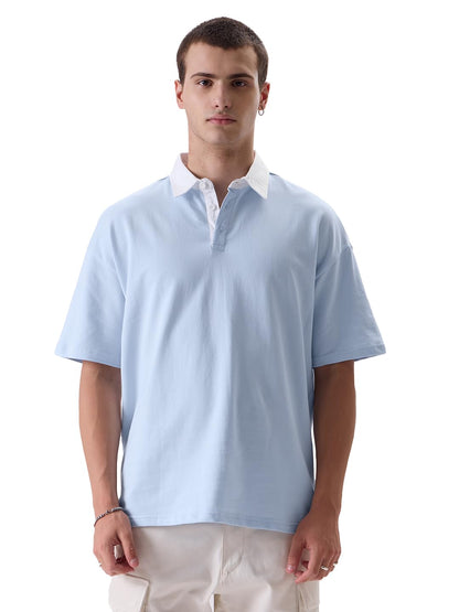 The Souled Store Solids: Powder Blue Mens and Boys Oversized fit Solid Half Sleeve Cotton Blue Color Mens Oversized Polo T-Shirt