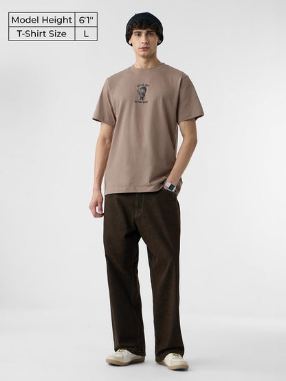 The Souled Store Relaxed T-Shirt: Acting Bad Men and Boys Short Sleeves Round Neck Brown Graphic Printed Cotton Relaxed Fit T-Sh