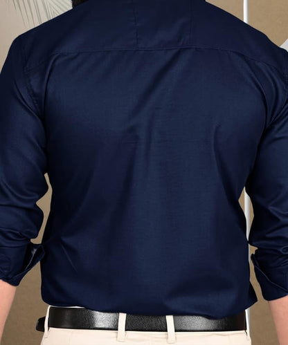 Pinkmint Men Cotton Soild Spread Collar Long Sleeve Shirt Formal Wear Navy Blue