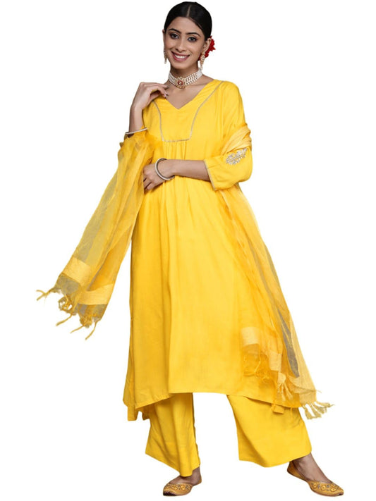 Varanga Women Yellow Solid Kurti with Palazzos & Dupatta