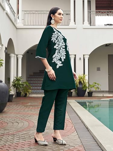 Womanista Women's Bottle Green Colour White Thread Embroidery Work Tunic with Trouser coord Set(Co-ords_9123)