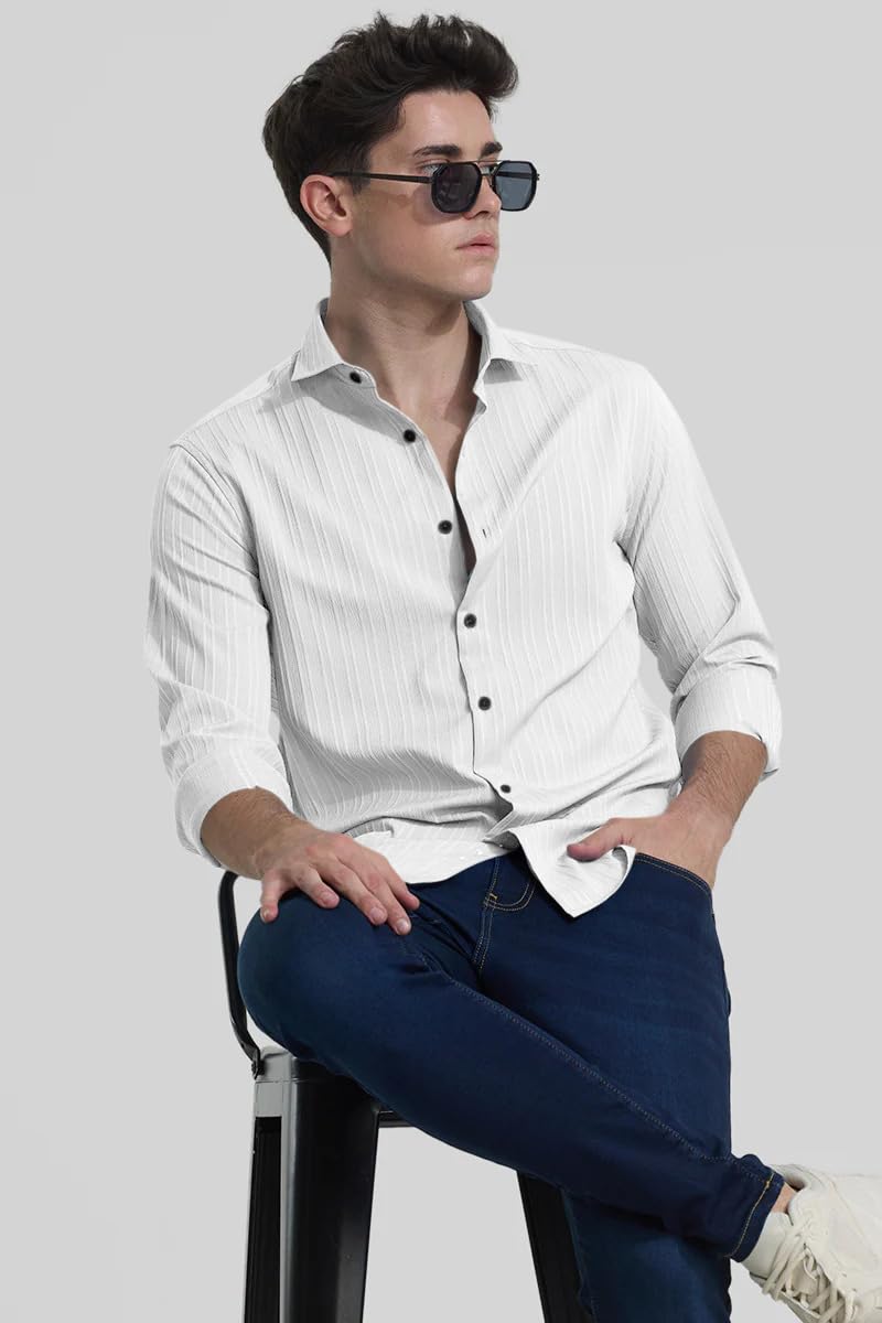 Finivo Fashion MenS Casual Cotton Plain Button Down Shirts Full Sleeve Textured Summer Beach Shirt For Men White