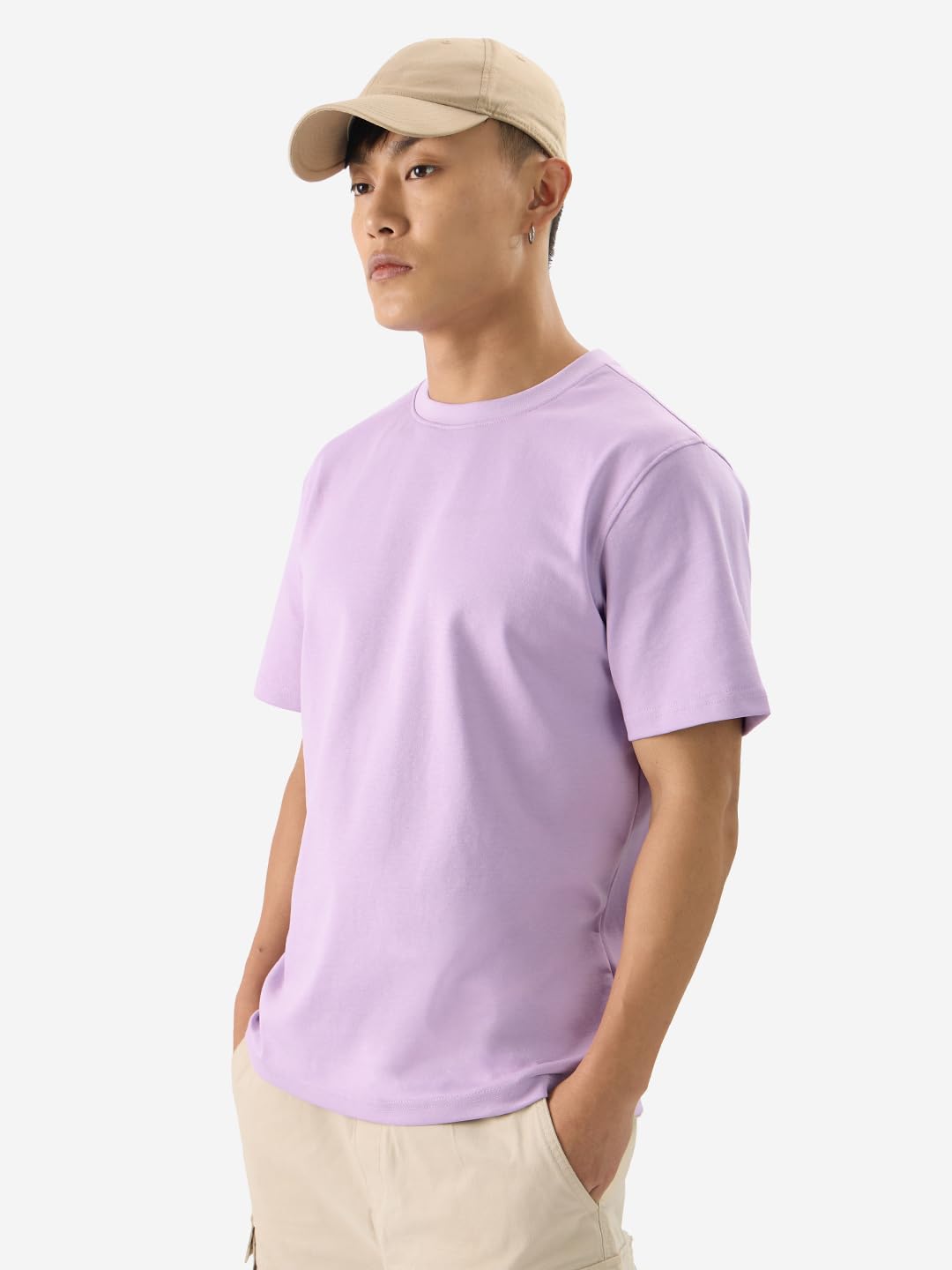 The Souled Store Solids: Faded Purple Men and Boys Short Sleeves Round Neck Regular Fit Cotton Blend T-Shirts
