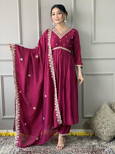Shiv Textiles Embroidery Maroon Kurta Trousers With Dupatta Striped Viscose Art Silk Three-Quarter Sleeves Kurta Sets For Womens