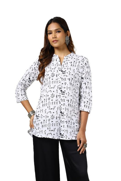 Soch Womens White Cotton Warli Print Tunic