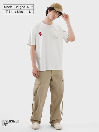The Souled Store Originals: Real Life Story Men and Boys Short Sleeve Round Neck White Embroidered Cotton Oversized T-Shirts