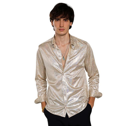 Campus Sutra Mens Metallic Beige Sheen Chevron Shirt | Casual Wear | Spread Collar | Long Sleeve | Button Closure | Shirt Craft