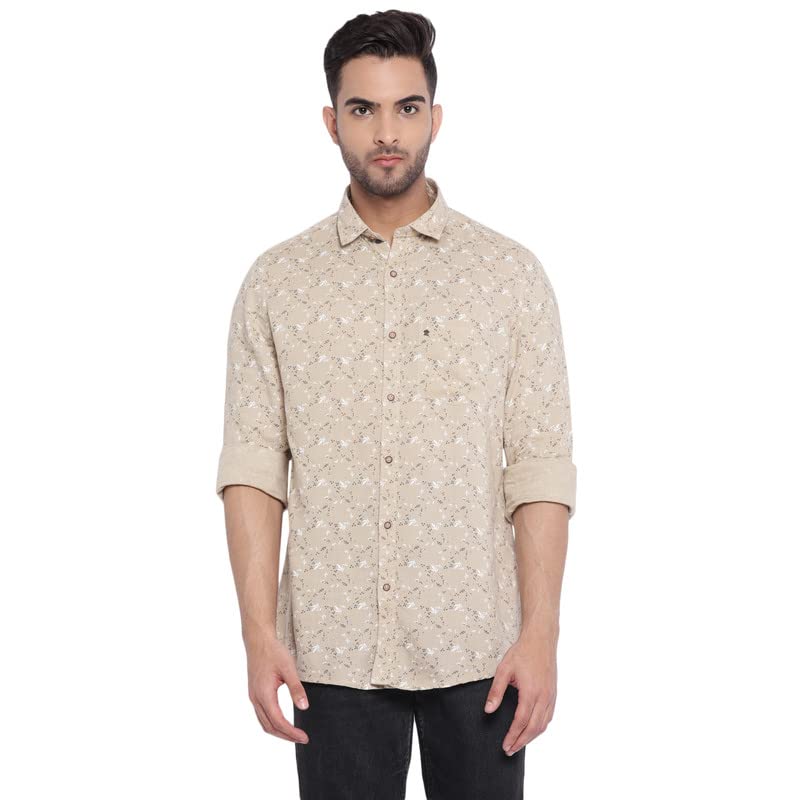 Turtle Men Beige Cotton Linen Printed Slim Fit Casual Shirts