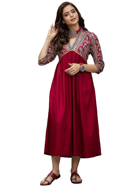 Gosriki WomenS Viscose Rayon Maroon & Grey Printed Flared Kurta (Ruh-Maroon_Xxl-Gs_Grey_Xx-Large)