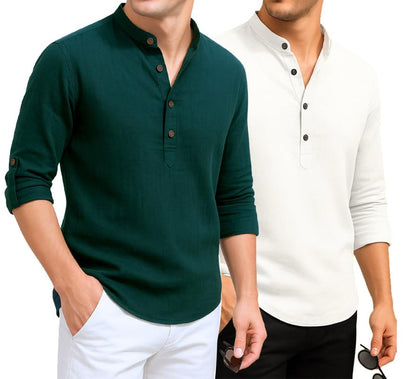 Deelmo Combo Of MenS Cotton Blend Solid Regular Fit Full Sleeve Short Kurta | MenS Trendy Short Kurta Pack Of 2