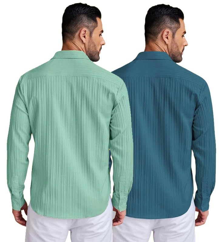 Deelmo Combo Of MenS Casual Button Down Shirts Long Sleeve Linen Shirt Fashion Textured Summer Shirts Pack Of 2