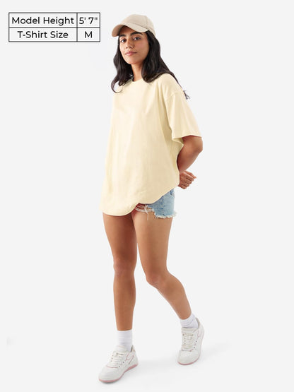The Souled Store Solids: Off-White Women and Girls Short Sleeve Round Neck Cotton Oversized T-Shirts