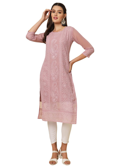 Vairagee WomenS Georgette Straight Cut Round Neck Kurta With Beautiful Lucknowi Chickankari Work (1631)