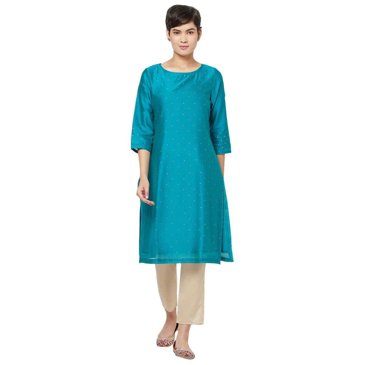Fabindia WomenS Cotton Silk Printed Slim Kurta_Turquoise Blue_Xs