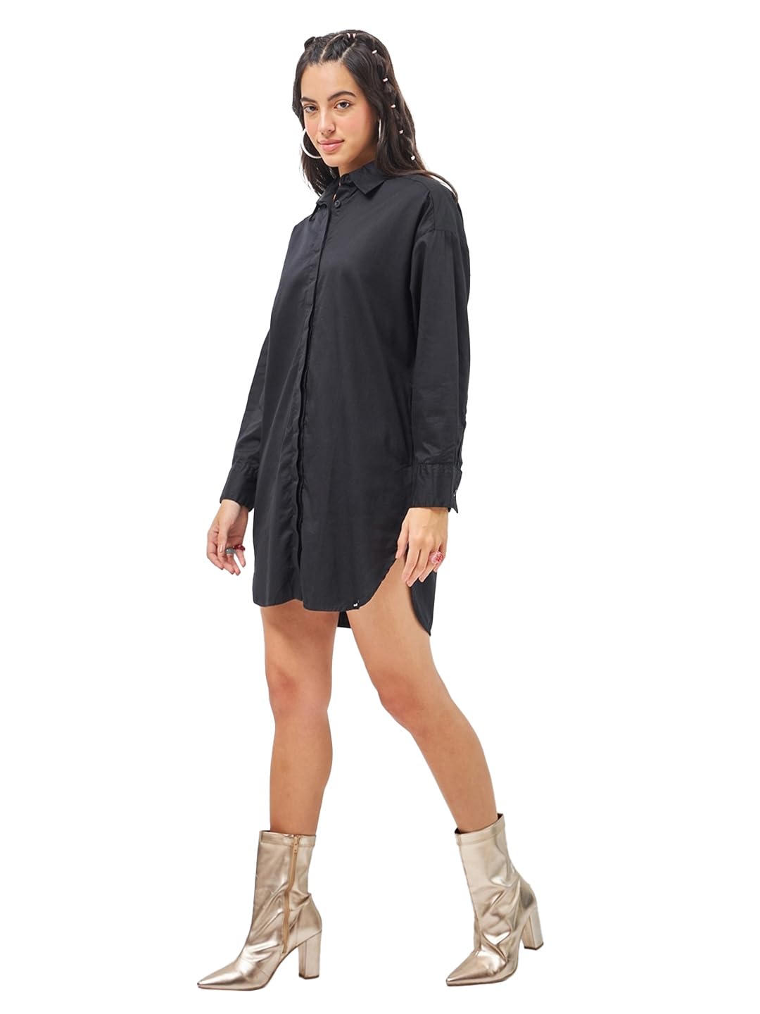 Bewakoof Womens Solid Super Loose Fit Full Sleeve Collared Cotton Twill Dress 603363 Black XL