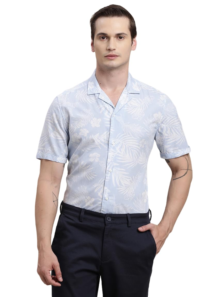 Turtle Men Cotton Tencel Light Blue Printed Half Sleeve Casual Shirt