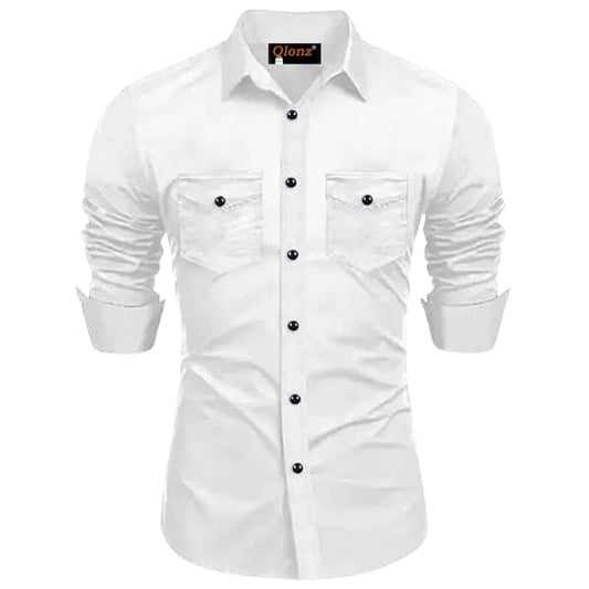 Rebelify Double Pocket With Flap Men Cargo Cotton Shirt White