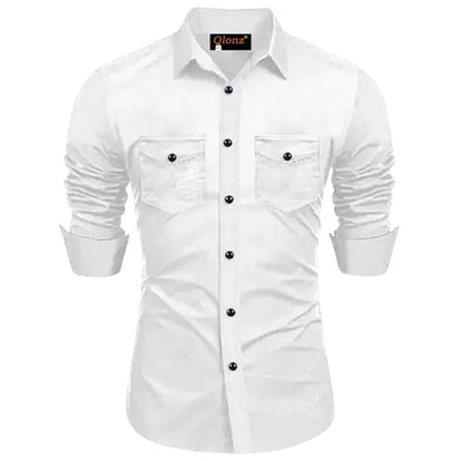 Rebelify MenS Cotton Blend Shirt With Pockets Full Sleeves Collared Neck Solid Pattern Botton Down Closure Relaxed Fit And Stan
