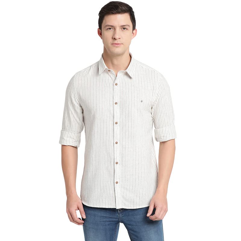 Turtle Men White Khadi Striped Slim Fit Casual Shirts