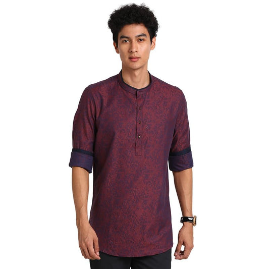 Turtle Men 100% Cotton Burgundy Full Sleeve Jacquard Kurta