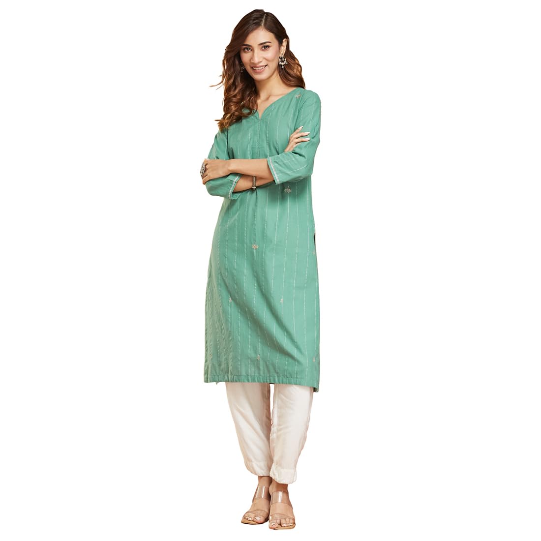 Fabindia Women's Green Cotton Solid Regular Fit Long Kurta