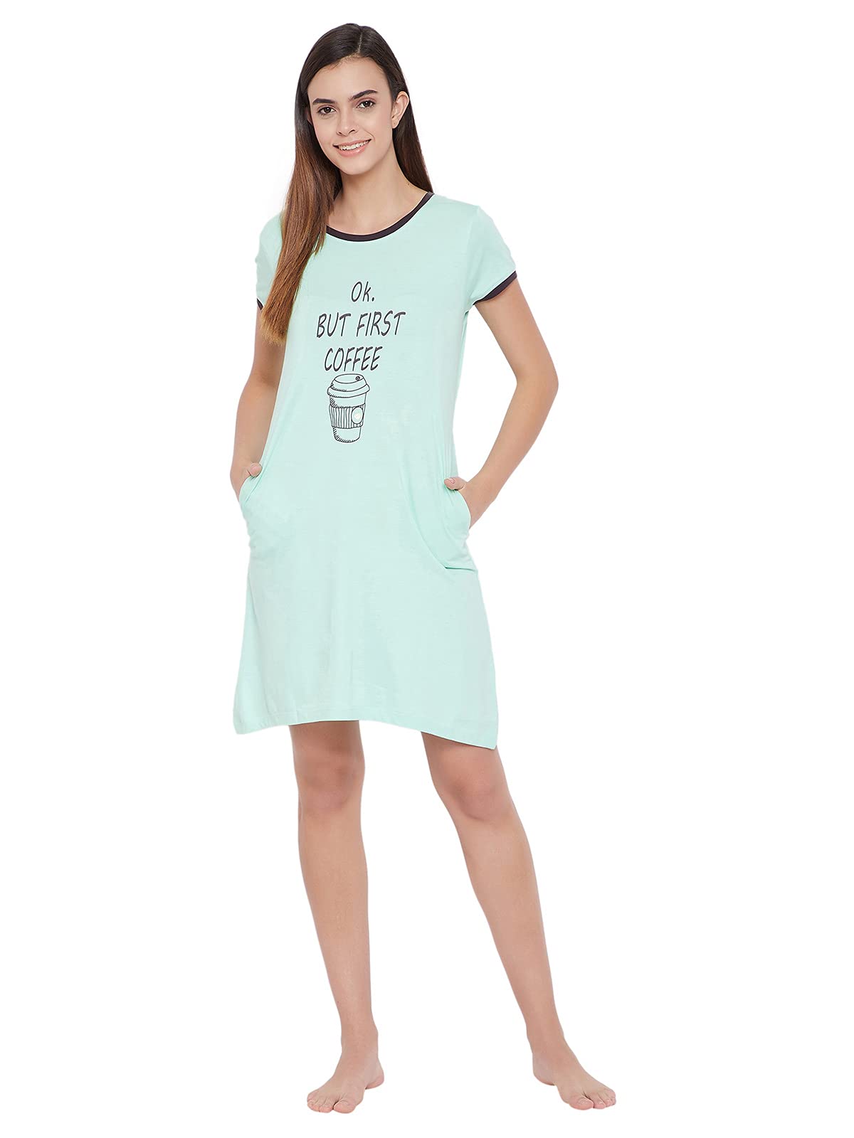 Clovia Womens Cotton Knee Length Casual Nightgown (NS1398P11S_Green_S)